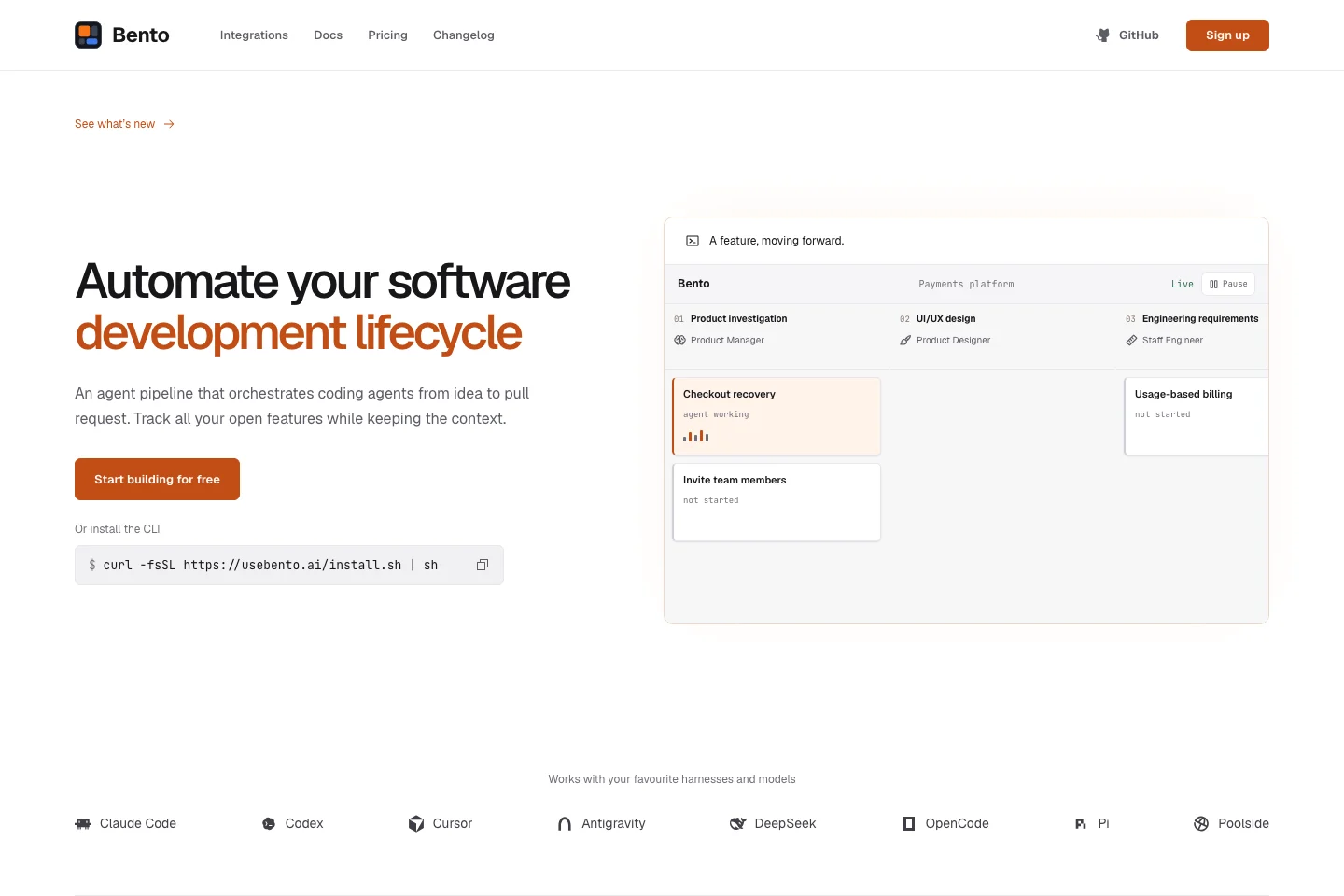 Bento software development pipeline with stages for AI agents and human review