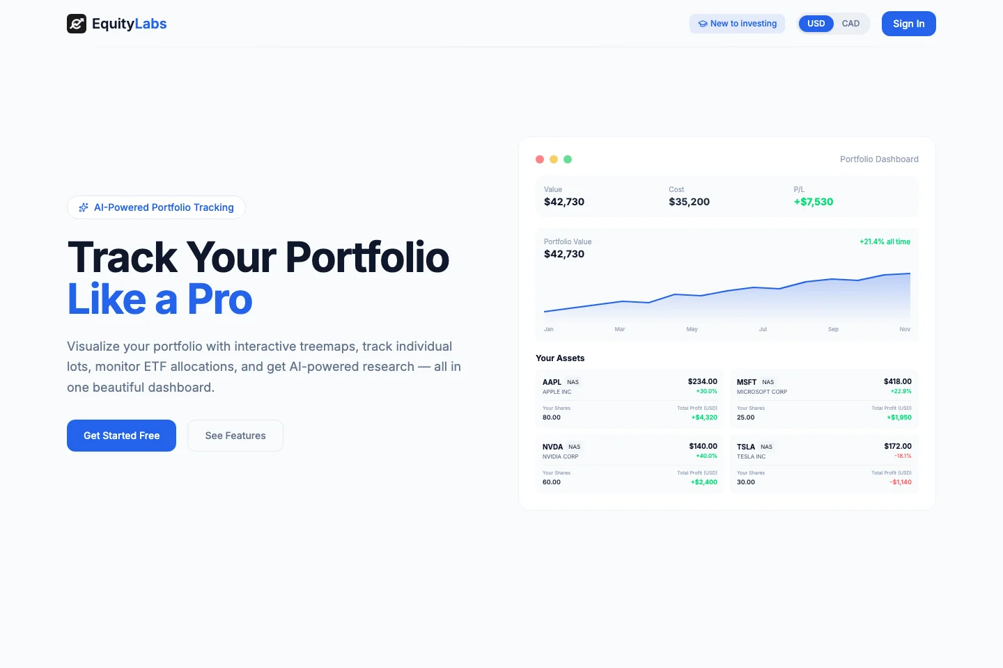 Equity Labs portfolio tracking product preview on its public landing page