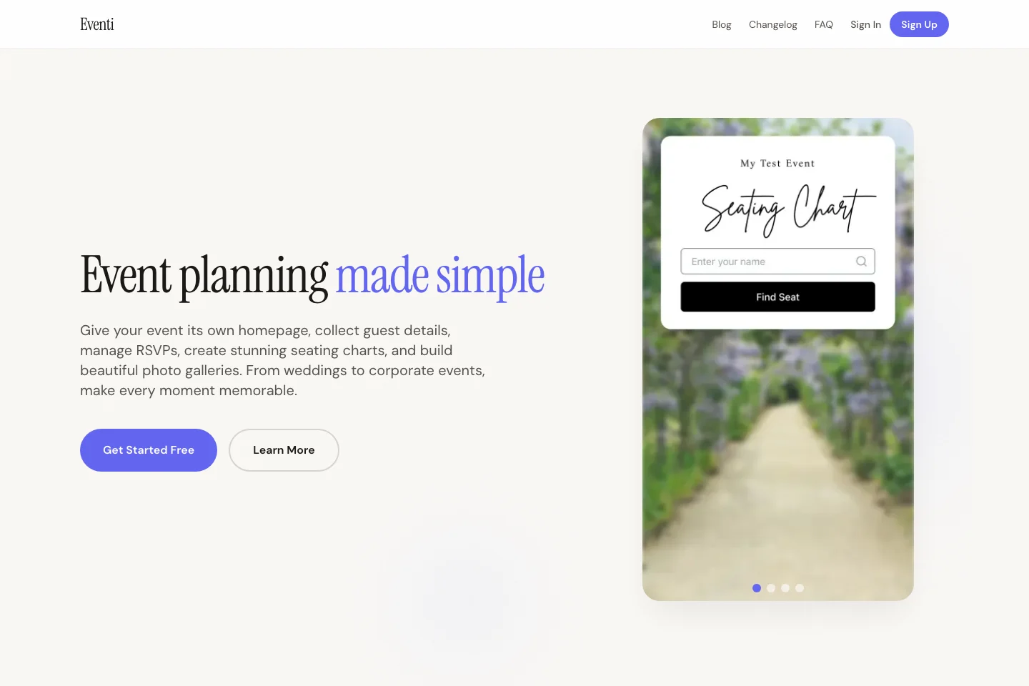 Eventi event planning app, with its seating chart and guest photo gallery previews